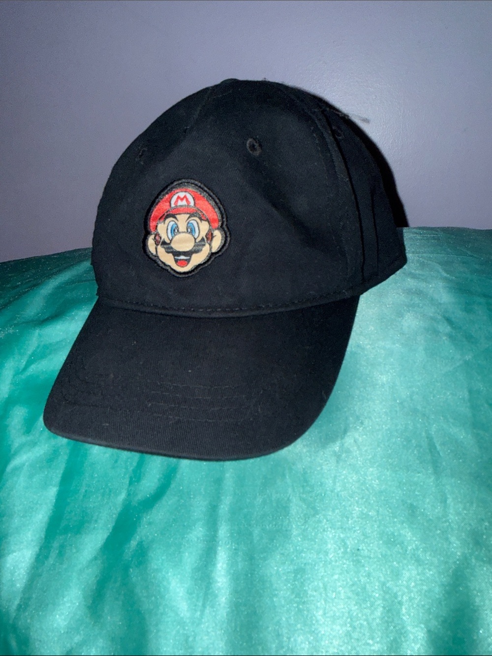 Kids Black Baseball Hat with Super Mario Patch